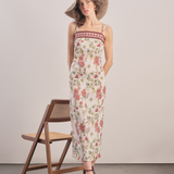 Burgundy - Floral Linen Midi Dress