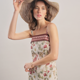 Burgundy - Floral Linen Midi Dress