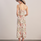 Burgundy - Floral Linen Midi Dress