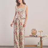 Burgundy - Floral Linen Pants