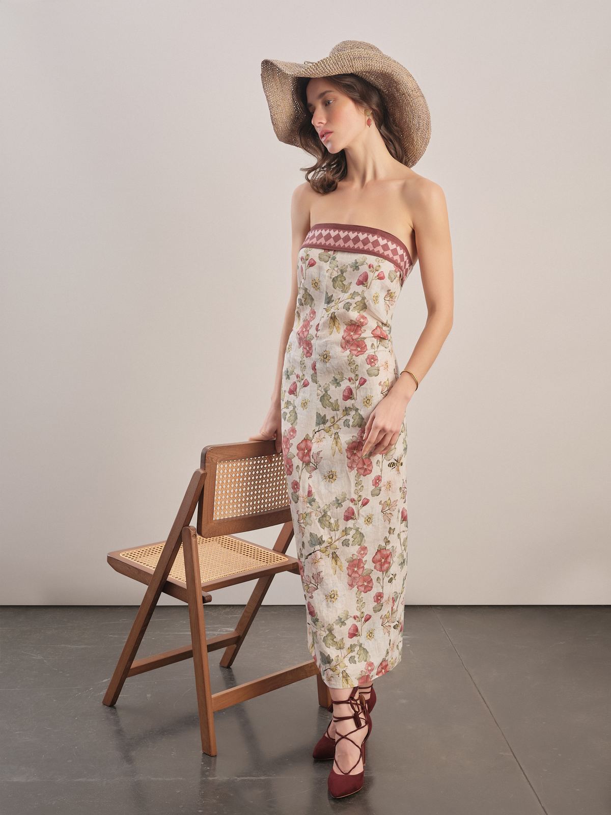 Burgundy - Floral Linen Midi Dress