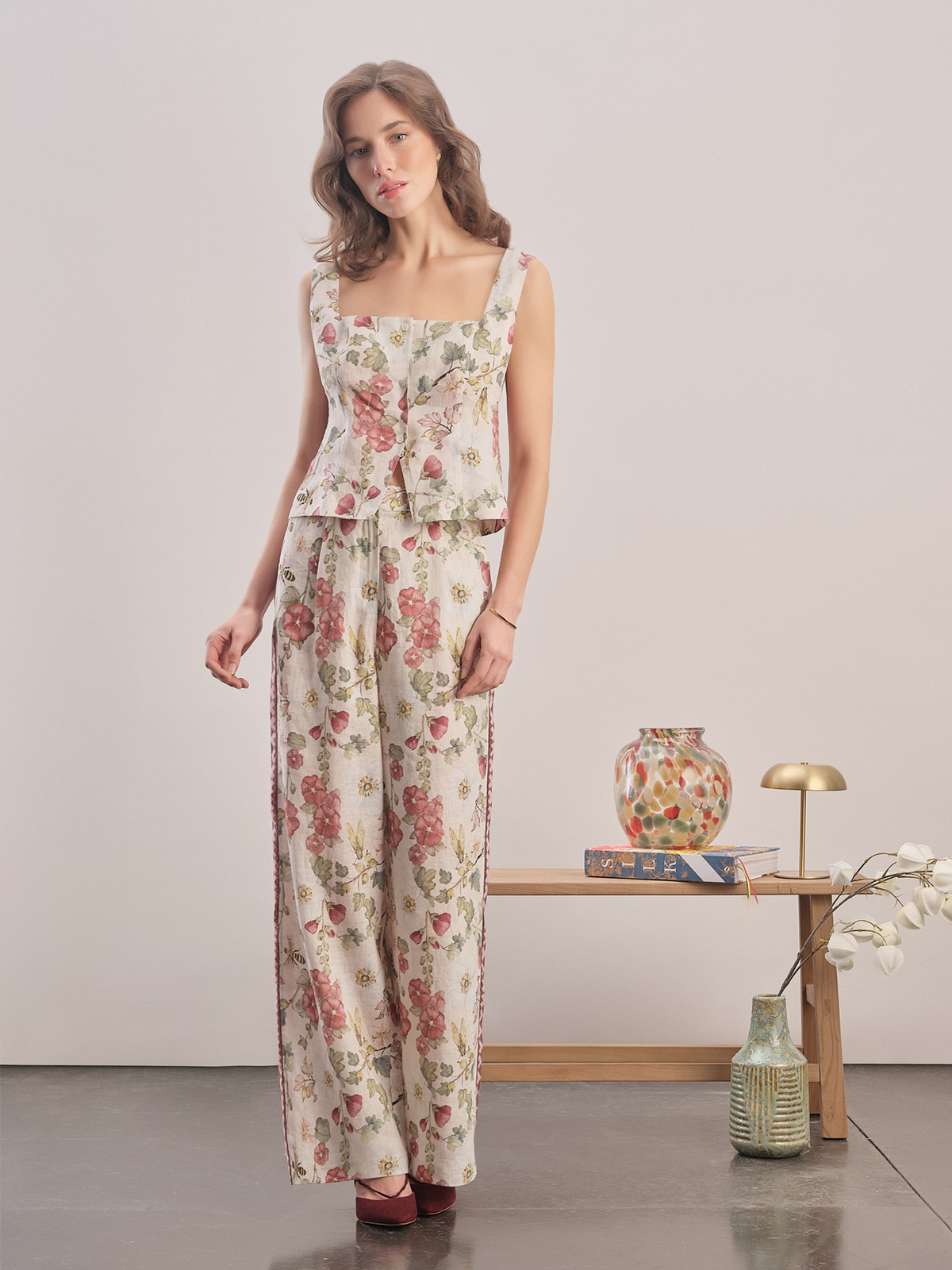 Burgundy - Floral Linen Pants