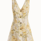 Yellow Meadow - Çiçekli Keten Mini Elbise